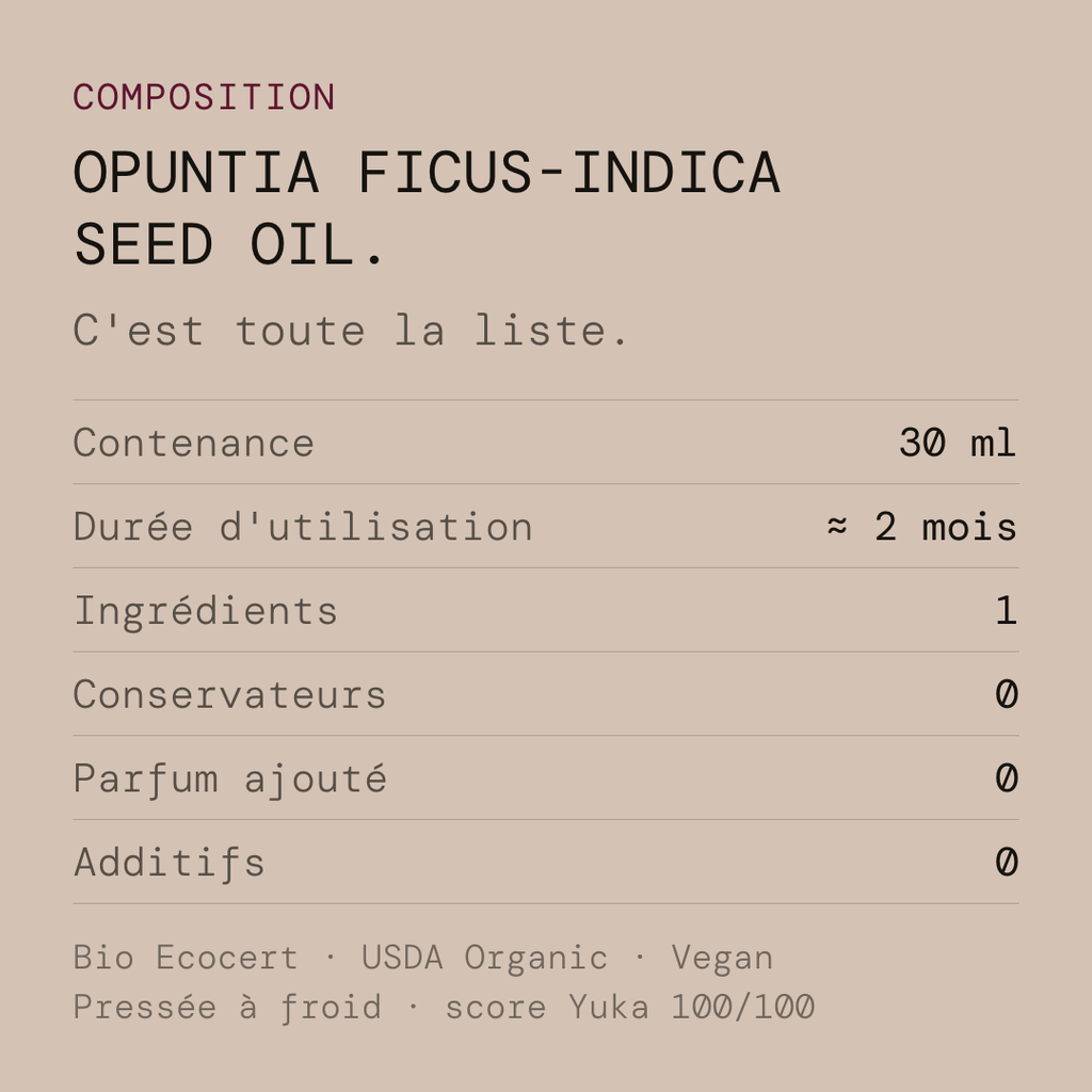 Composizione dell'olio Opuntia®: 30 ml, circa 2 mesi, 1 ingrediente, 0 conservanti, 0 profumi — Olio di semi di Opuntia Ficus-Indica biologico spremuto a freddo