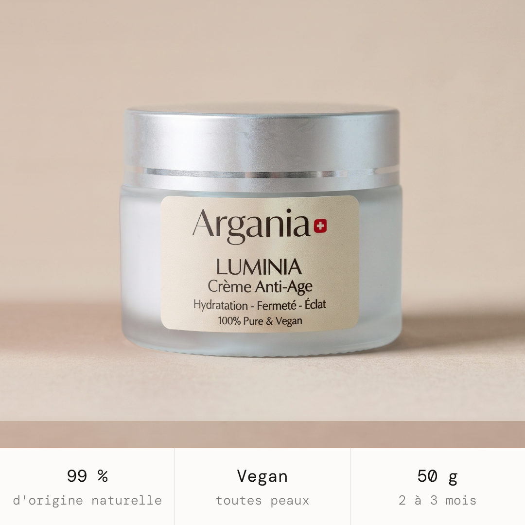 Luminia® Argania Tagescreme, 50 g, mattiertes Glas mit silbernem Deckel – 99 % Inhaltsstoffe natürlichen Ursprungs, vegan, reicht für 2 bis 3 Monate