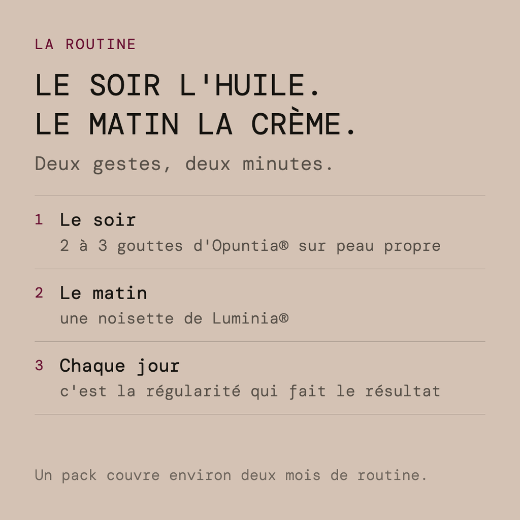 Routine Argania — l'huile Opuntia le soir, la crème Luminia le matin