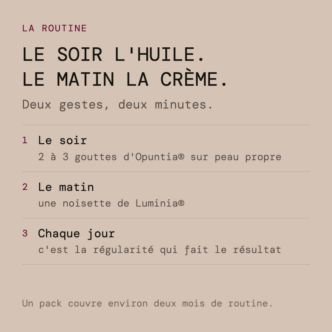 Routine Argania — l'huile Opuntia le soir, la crème Luminia le matin
